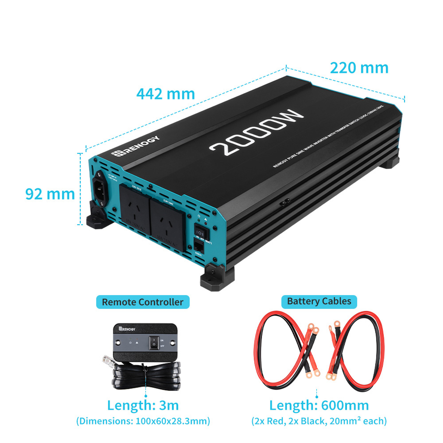 RENOGY CORE 12V 2000W pure sine wave inverter with transfer switch