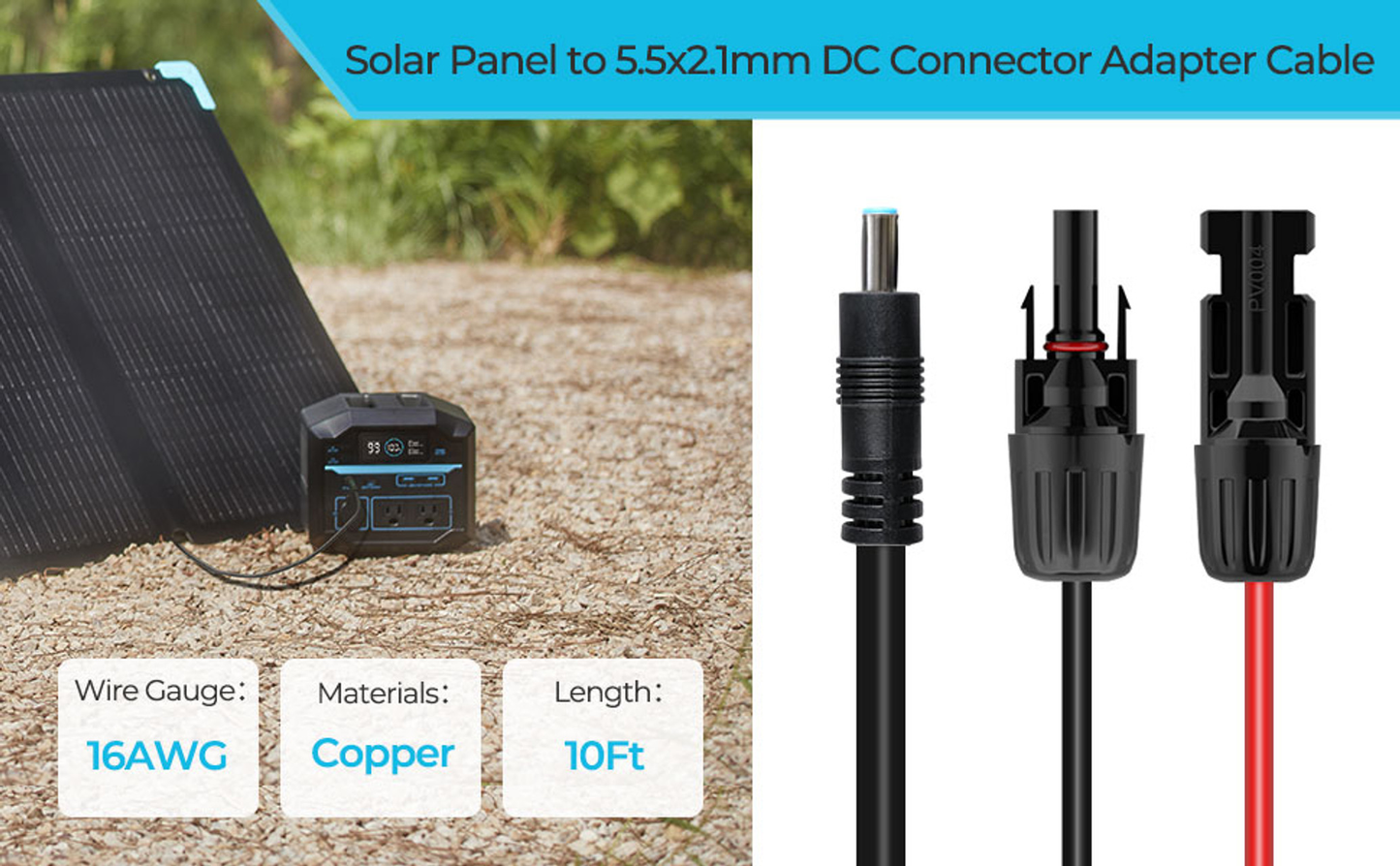 RENOGY CORE 10Ft Solar Panel to 5.5mm DC Cable (16AWG)